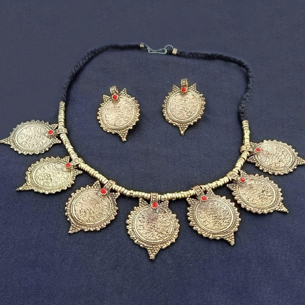 Afghan Gold Mala and Earrings Set Mala and Earrings Zewar Khan